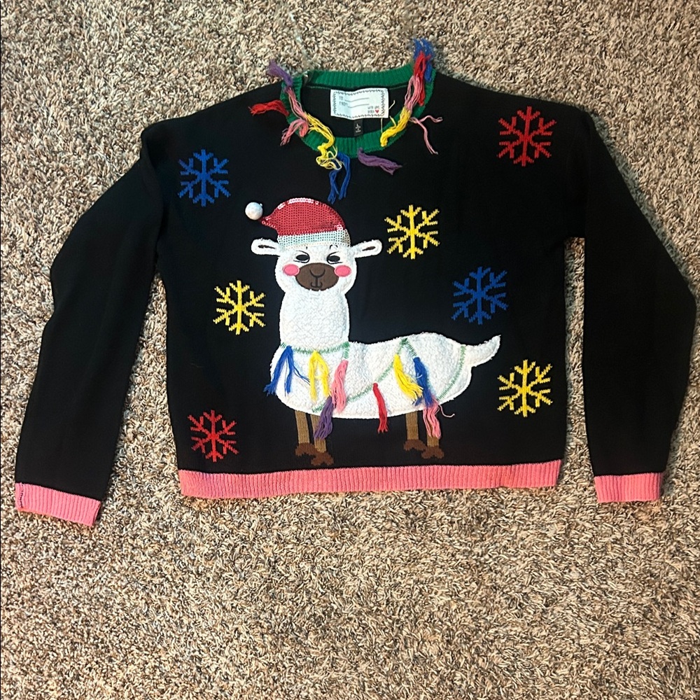 Festive Llama Sweater with Colorful Snowflakes